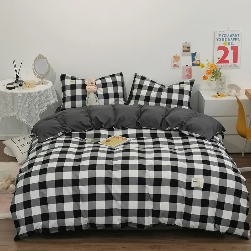 100% Cotton Plaid Stripe Duvet Cover Set – Soft Breathable Japanese Style Bedding