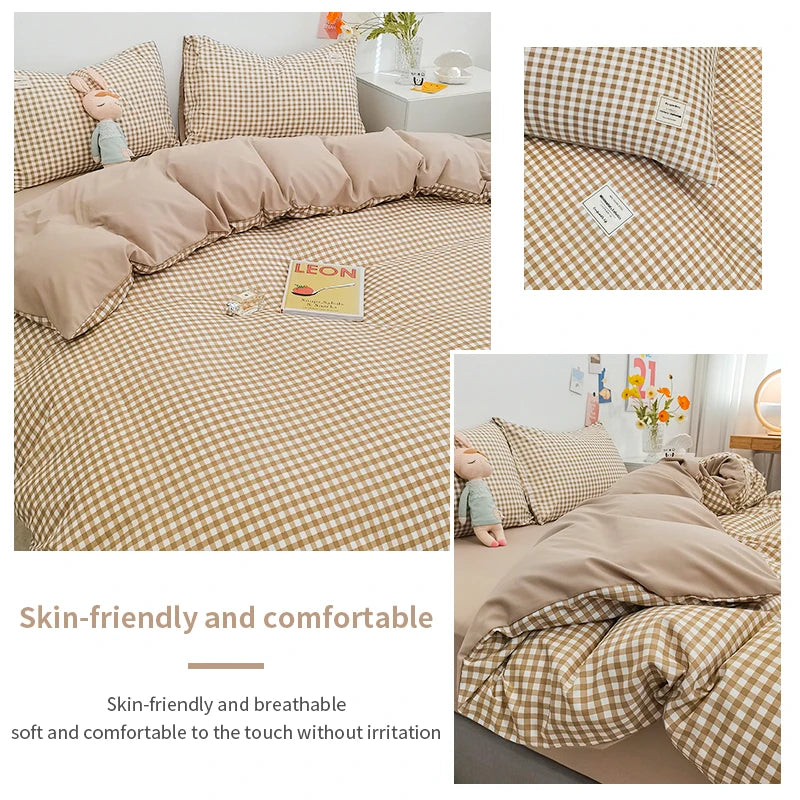 100% Cotton Plaid Stripe Duvet Cover Set – Soft Breathable Japanese Style Bedding