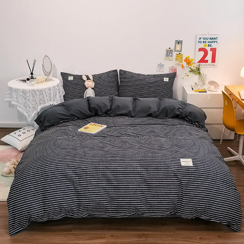 100% Cotton Plaid Stripe Duvet Cover Set – Soft Breathable Japanese Style Bedding