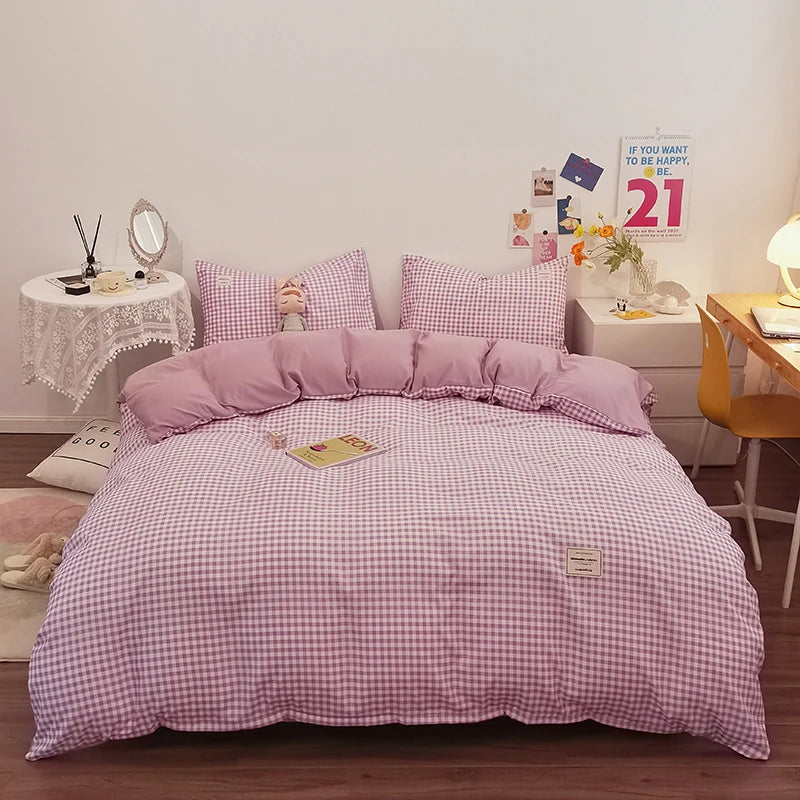 100% Cotton Plaid Stripe Duvet Cover Set – Soft Breathable Japanese Style Bedding