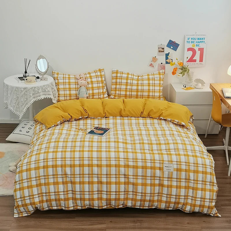 100% Cotton Plaid Stripe Duvet Cover Set – Soft Breathable Japanese Style Bedding
