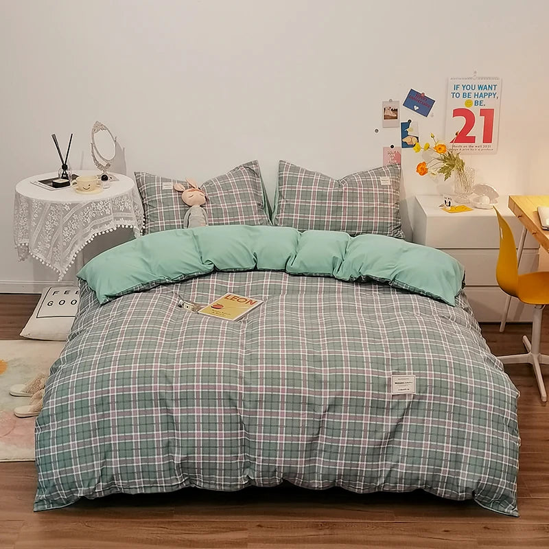 100% Cotton Plaid Stripe Duvet Cover Set – Soft Breathable Japanese Style Bedding