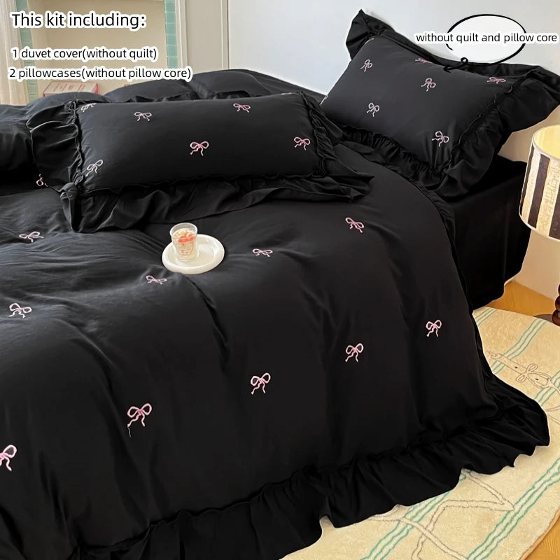 Bow Embroidered Ruffled Duvet Cover Set – 3PCS